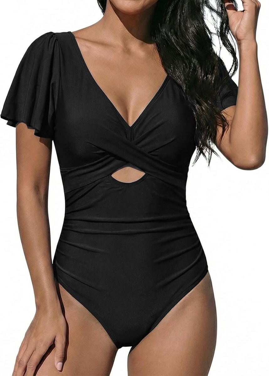 Badpak Eendelig V-hals Monokinis plooien Sieruitsnijdingen Badmode Swimsuit