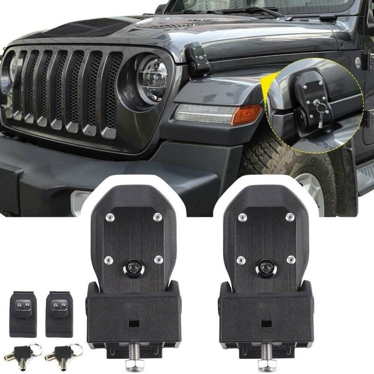 Motorkapslotenset met slot en sleutel voor Jeep Wrangler JL en Jeep Gladiator JT 2018-2022, zwart