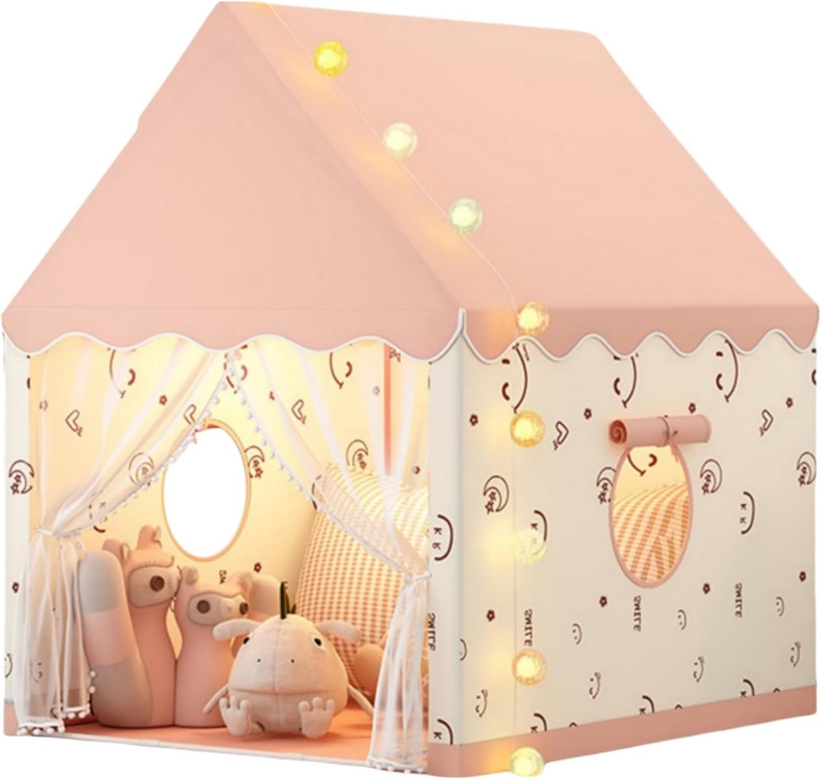 Speeltent, Indoor Speelhuis, Tent met Smiley Patroon, Prinses Kasteel, Opvouwbare Tent, Roze