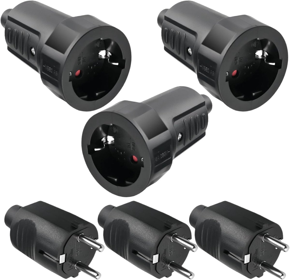 3 paar Schuko-stekkerkoppelingen, 250V 16A IP44 geaarde stekker gummi schuko-koppeling set met knikbescherming, 2-polig, waterdicht voor buiten, zwart schuko-stekker en gummi-koppeling zonder