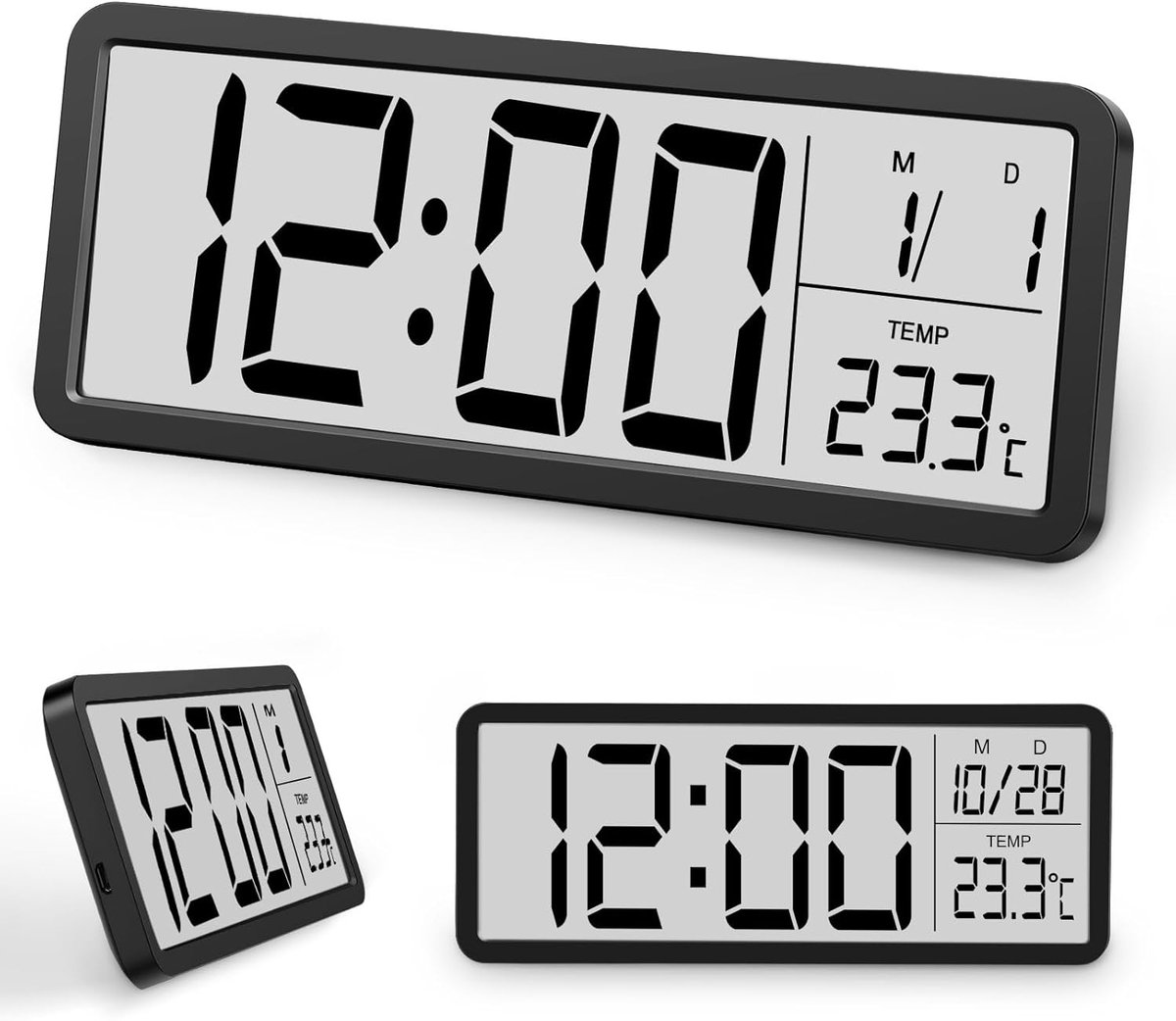 SnelShoppen - Digitale Wandklok met Grote Cijfers, LCD Bureauklok 12/24 Uur, Temperatuurweergave, Duurzaam Zwart voor Slaapkamer, Eetkamer, Kantoor, S