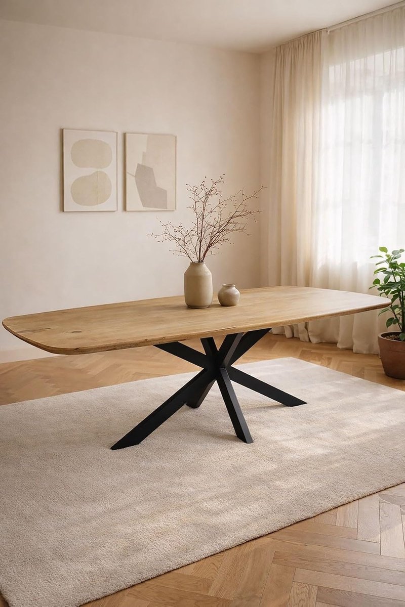Home Deens Ovale Eettafel 140 cm Mangohout – Zwart Metalen Matrix Onderstel – Elegant Chic – 4-6 Personen