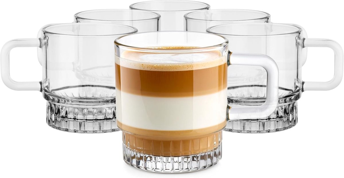 KROSNO 1992 Set van 6 Koffieglazen 240 ml Transparant met Handvat - Glazen Mokken voor Thee Warme Dranken en Desserts - Modern Ontwerp - Vaatwasserbestendig - Stella