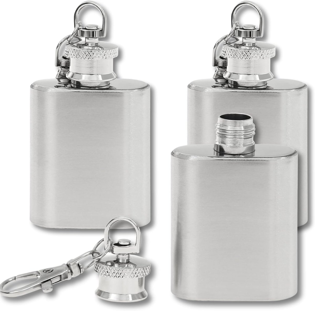 Heupfles Sleutelhanger Zilver - Roestvrij Staal 30 ml - Grappige Cadeaus en Adventskalender voor Mannen - Mini-Geschenken (Zilver, Set van 3)