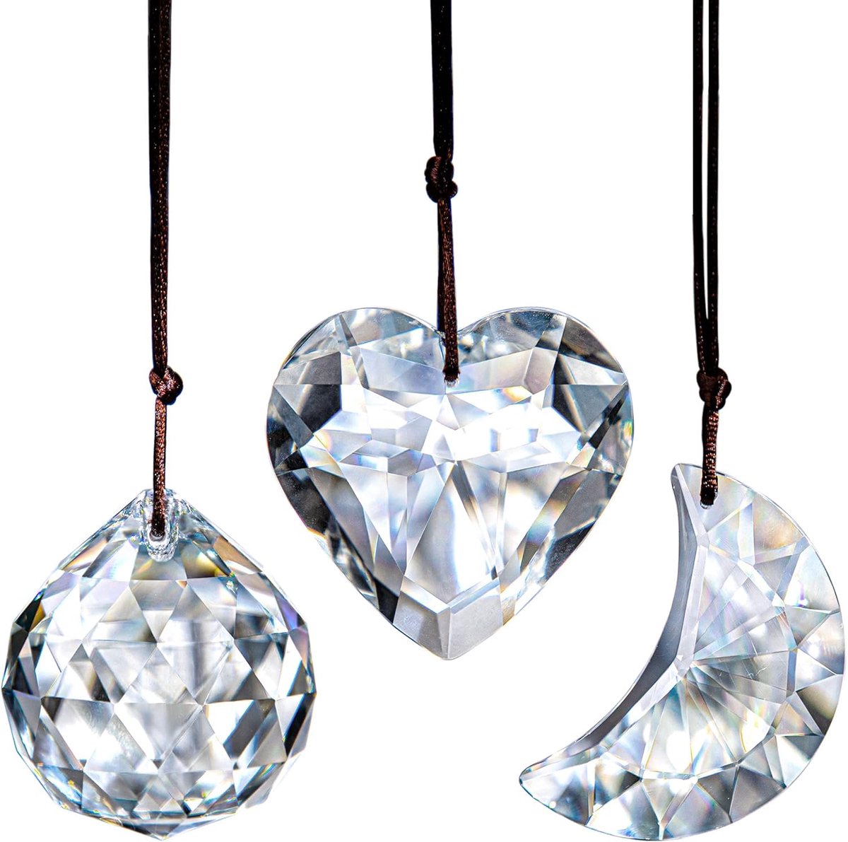 SnelShoppen - Hangende Glazen Raamdecoratie Suncatcher Prism Ornament Set van 3 - Hart, Bal en Maan - K9 Kristal - Creëer Regenbogen in Je Huis