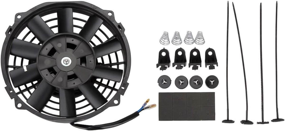 7" 12V 80W slanke elektrische radiatorkoelventilator - Universele gebogen bladmotorventilator met montagekit ABS zwart voor auto's vrachtwagens HVAC-systemen