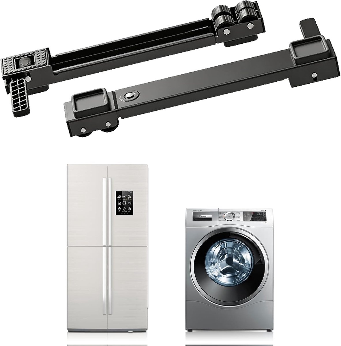 Wasmachine-onderstel met wieltjes, uitschuifbare wasmachine, uitschuifbaar, 50-80 cm, meubelroller, rail, transportroller, apparaatrol, onderstel voor wasmachine, droger, koelkast, zwart