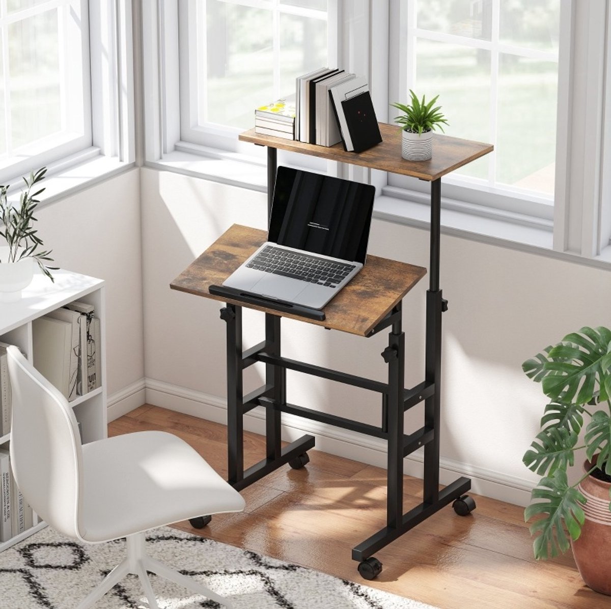 DESMIU Bureau - Hoogteverstelbaar Met Kantelbaar Werkblad En Wielen - Voor Thuiswerk En Studie - MDF En Metaal - 60x60x70,5-120 Cm - Rustiek Bruin