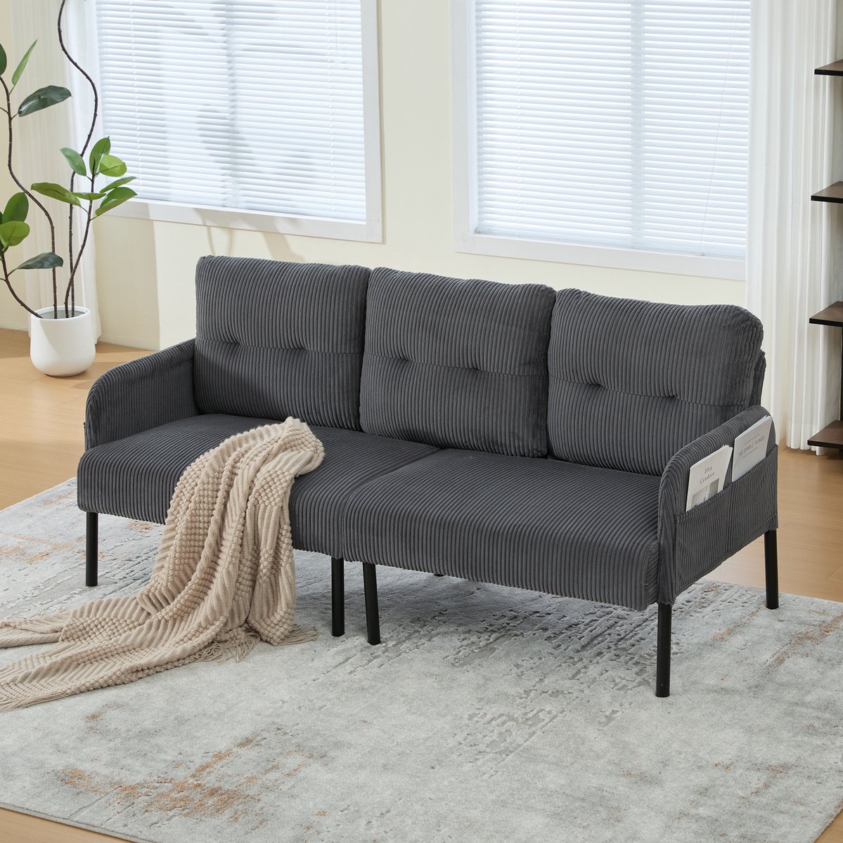 MODENUIT Zitbank 171 cm - 3-Zits Met Hoge Rugleuning en Zijvak - Voor Woonkamer en Werkkamer - Cord Grijs