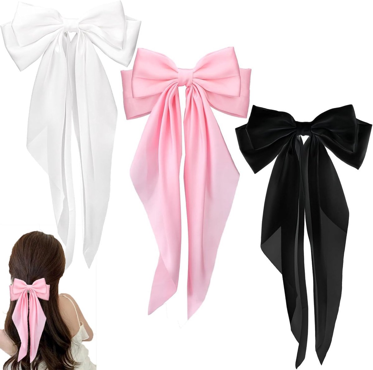 3 Pcs Large Bow Hairpin Oversized Long Tail Hair Ribbons Barrette French Hair Clips for Women Girls Black, White, Pink - ShopVlot