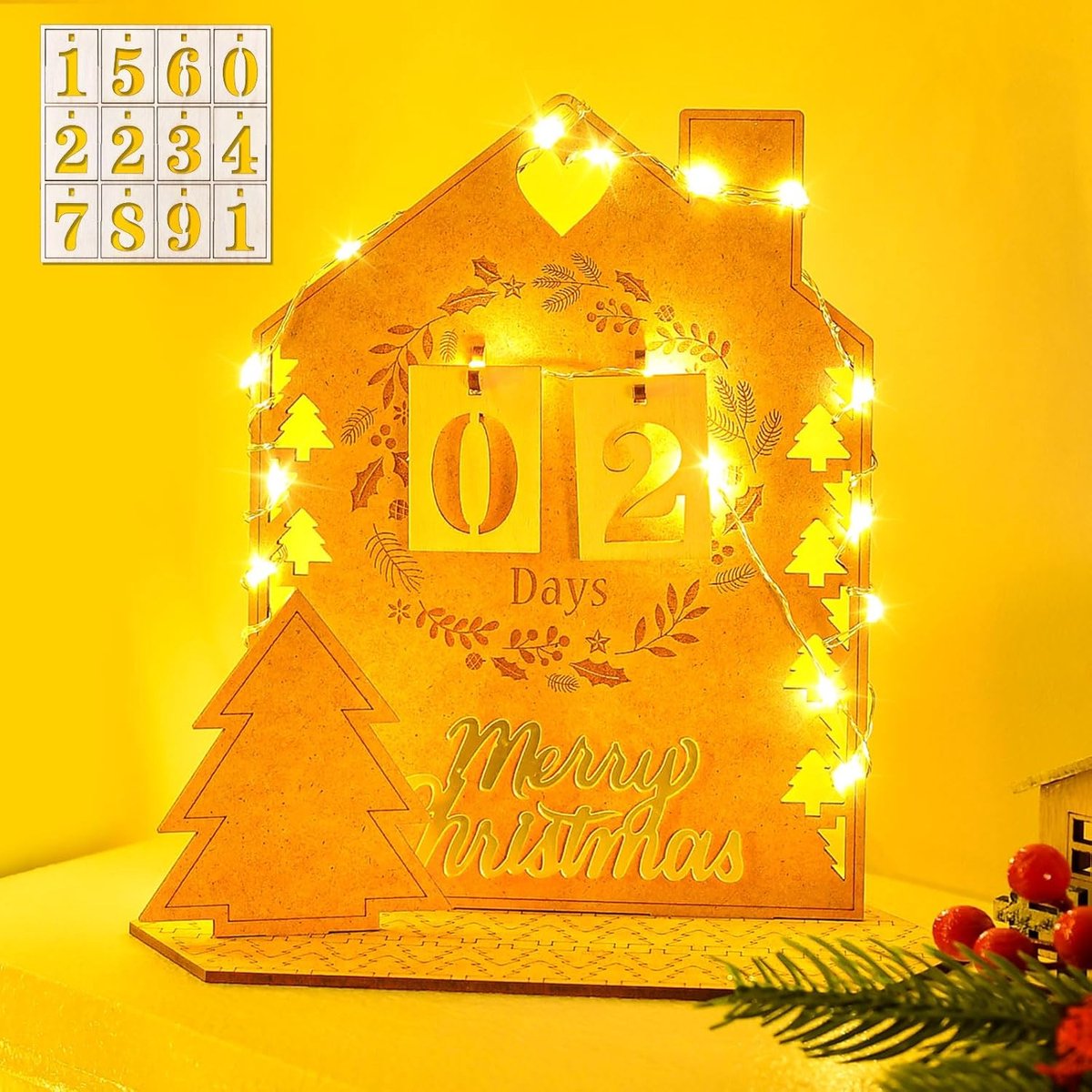 SnelShoppen - Houten Adventskalender met LED Sfeerverlichting, 24 Dagen Countdown Kalender voor Kerstmis, Bureau Decoratie, Kerstdecoratie, Hout, Cade