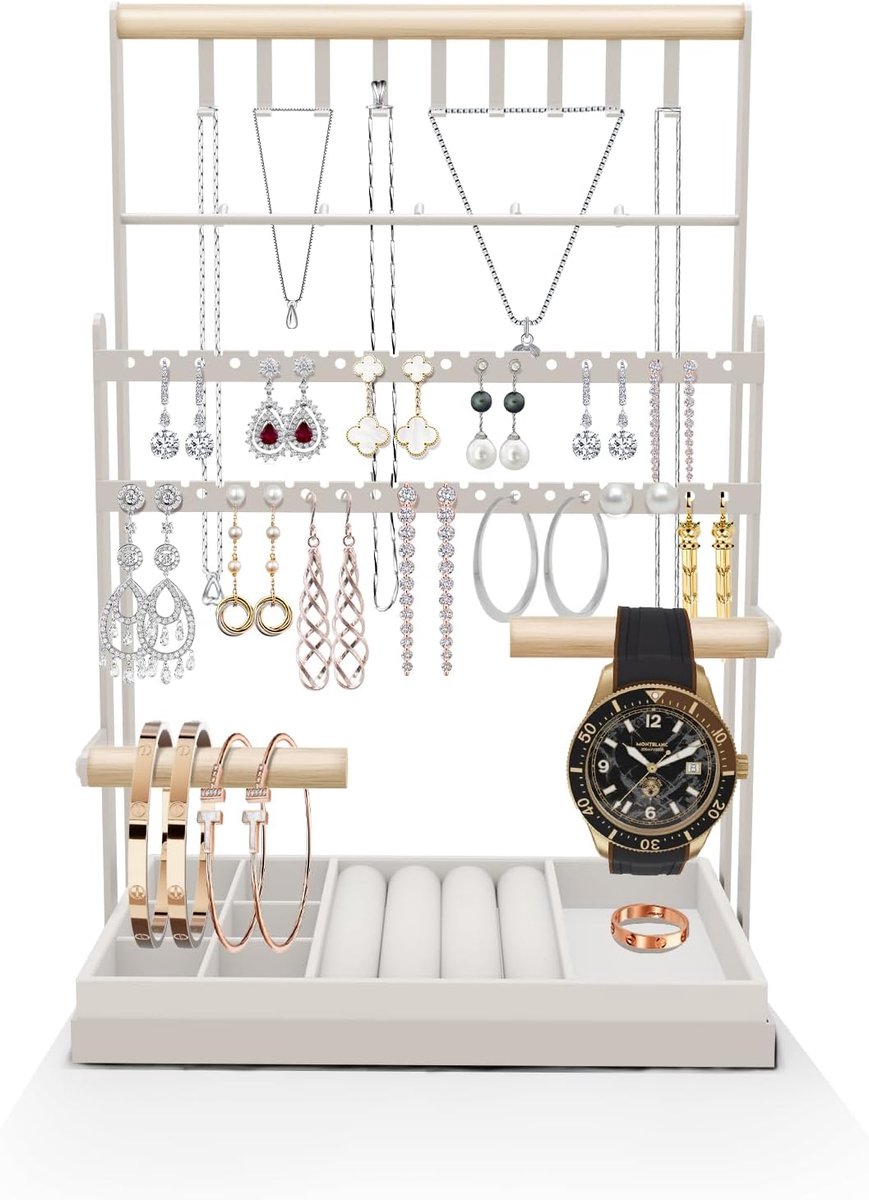 SnelShoppen - 4 Laags Sieradenstandaard met Fluwelen Lade voor Kettingen, Armbanden, Oorbellen en Ringen (Wit)