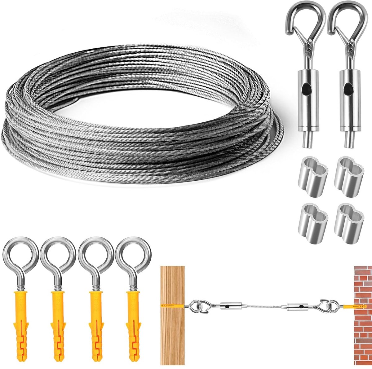 SnelShoppen - 8M/2mm Stalen Kabel, Verstelbare Stalen Touw met Oogjes, Beschermde Tensioner, Bekleed Klimtouw, 8 Meter Verstelbaar voor Gordijn, Wasli