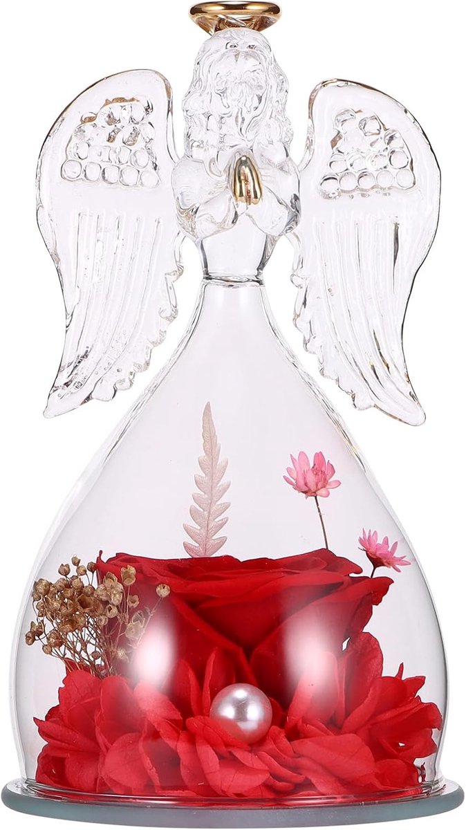SnelShoppen - Glazen Engel met Echte Eeuwige Roos, LED Licht, Persoonlijk Cadeau voor Moeder, Oma, Vrouw, Verjaardag, Moederdag, Ornament voor Thuis