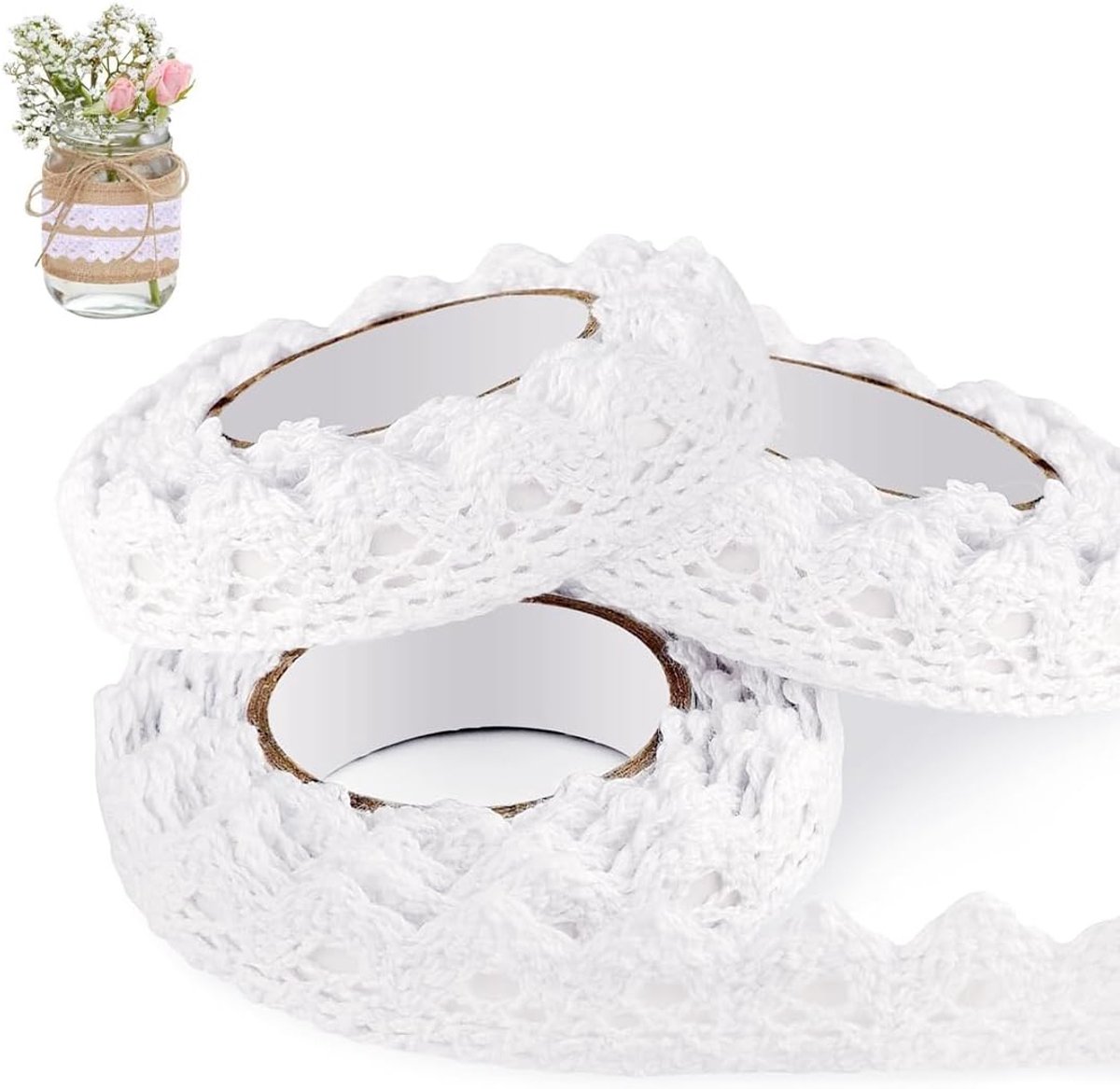 SnelShoppen - Witte Kant Band Zelfklevend Vintage Stijl voor Creatief Knutselen, Bruiloft Decoratie, Scrapbooking, Cadeaus Versieren (1.5cm x 2m, 3 Ro