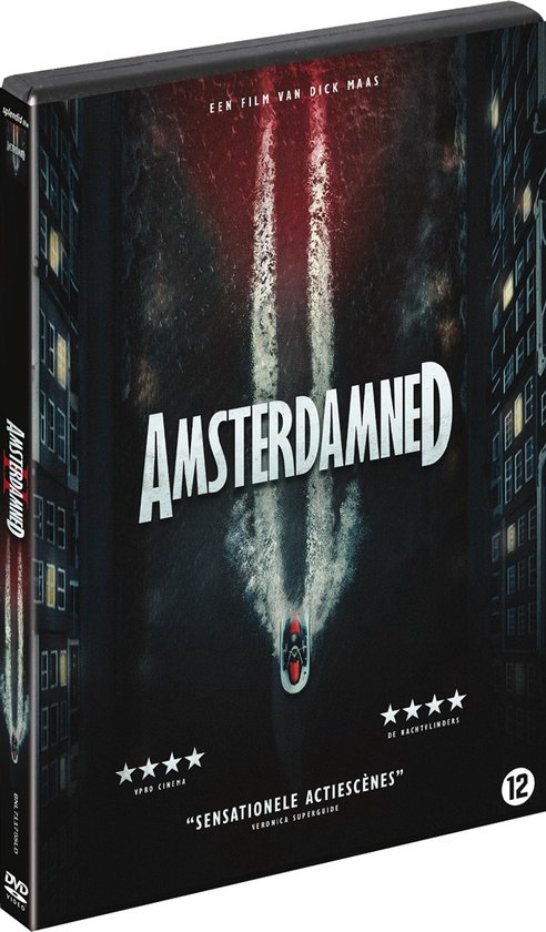 DVD hoes Amsterdamned II met een speedboot op het water en gebouwen aan de zijkanten.