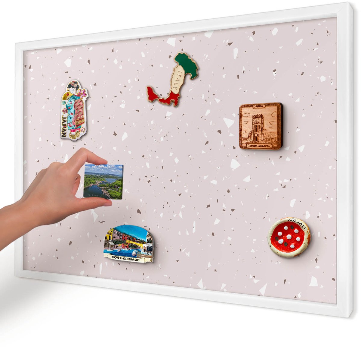 Artprintcave Roze Magneetbord mit Witte Lijst - 60x40 cm - Modern Terrazzo Notitiebord - Modern Magneetbord Voor Keuken - Achtergronden En Patronen