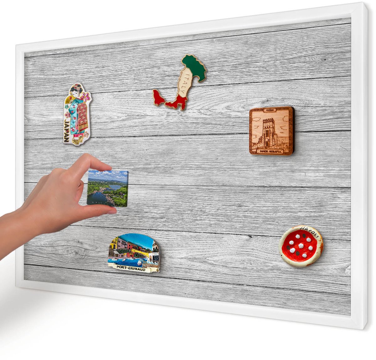 Artprintcave Grijs Magneetbord mit Witte Lijst - 60x40 cm - Houtstructuur Memobord Keuken - Rustiek Notitiebord - Texturen