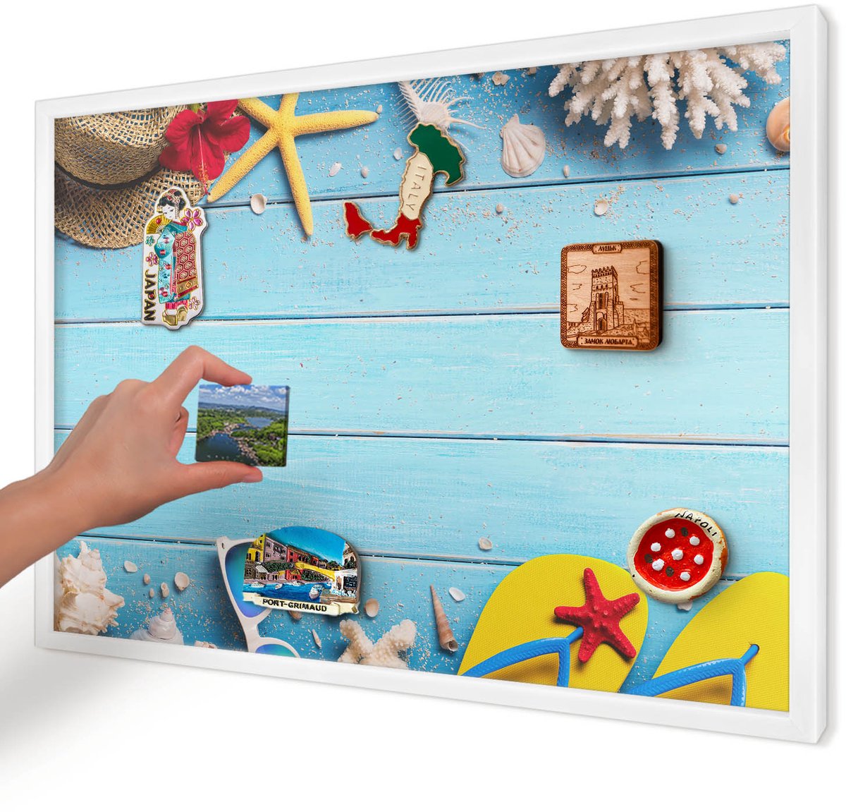 Artprintcave Blauw Magneetbord mit Witte Lijst - 60x40 cm - Vakantiestrand Wandbord Magnetisch - Minimalist Magneet Bord mit Frame - Natuur