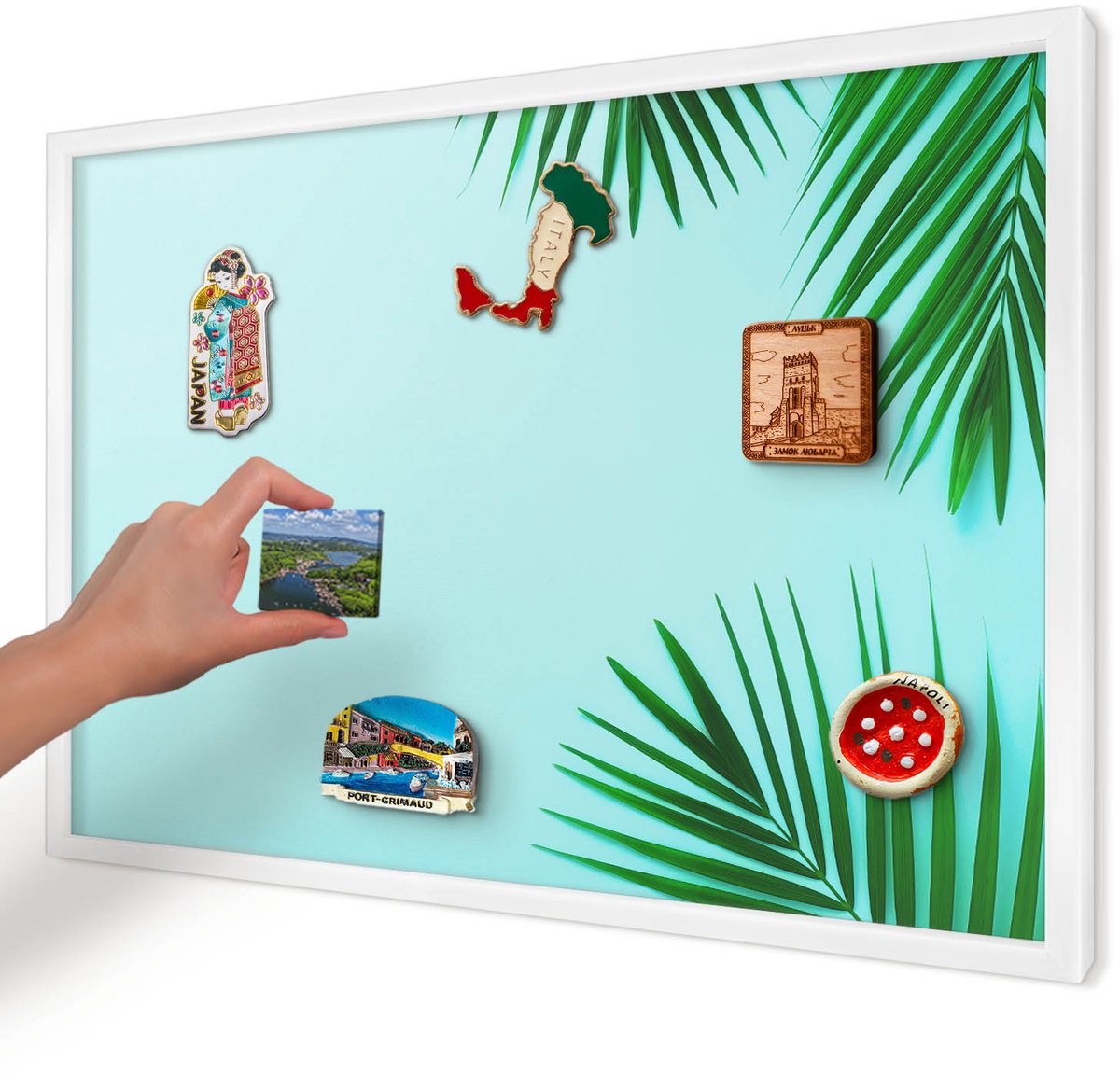 Artprintcave Groente Magneetbord mit Witte Lijst - 60x40 cm - Groene Bladeren Magnetisch Bord - Minimalist Notitiebord - Natuur