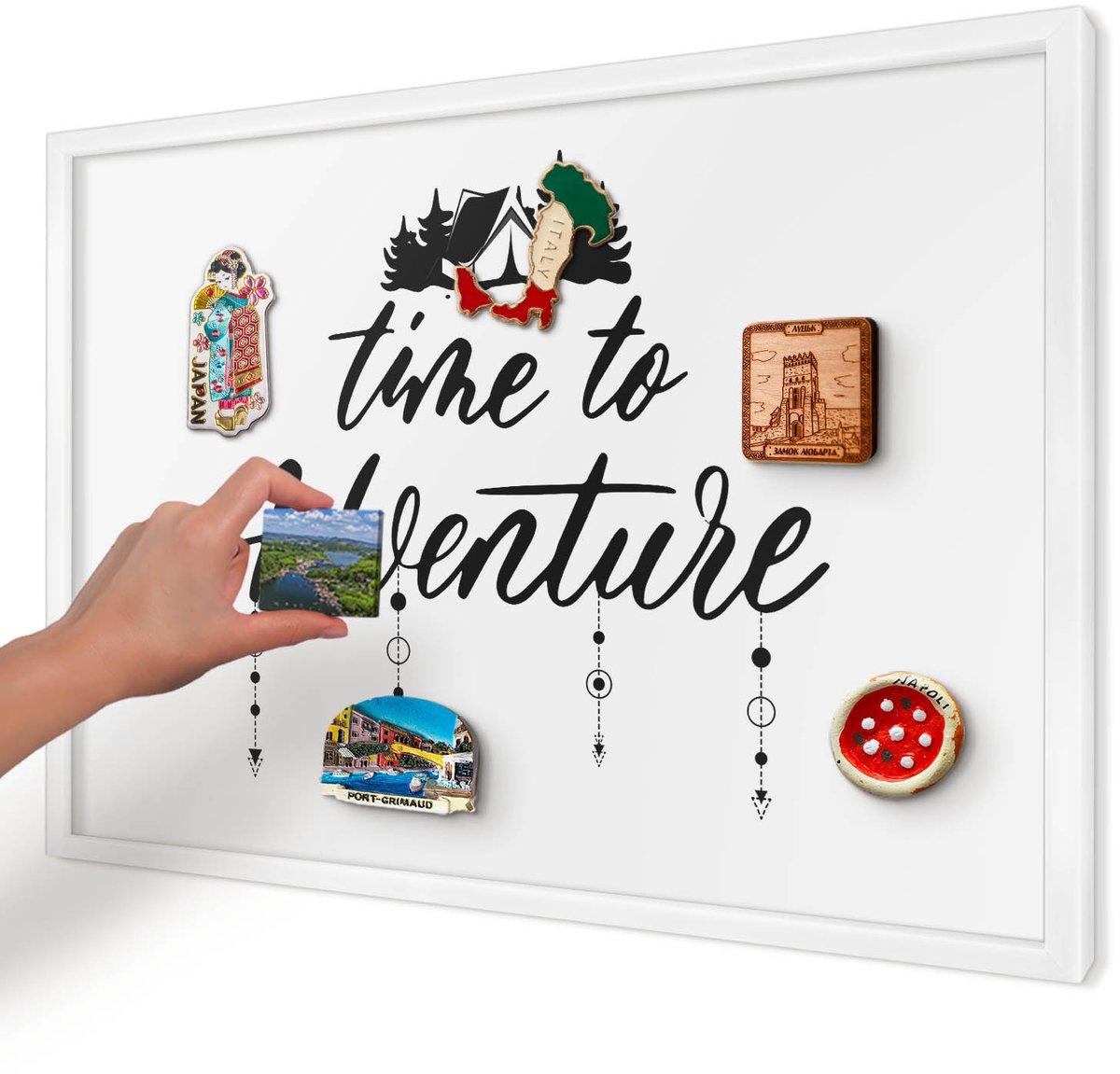 Artprintcave Wit Magneetbord mit Witte Lijst - 60x40 cm - Avontuur Wacht. Bord Voor Magneten - Minimalist Memobord Keuken - Teksten