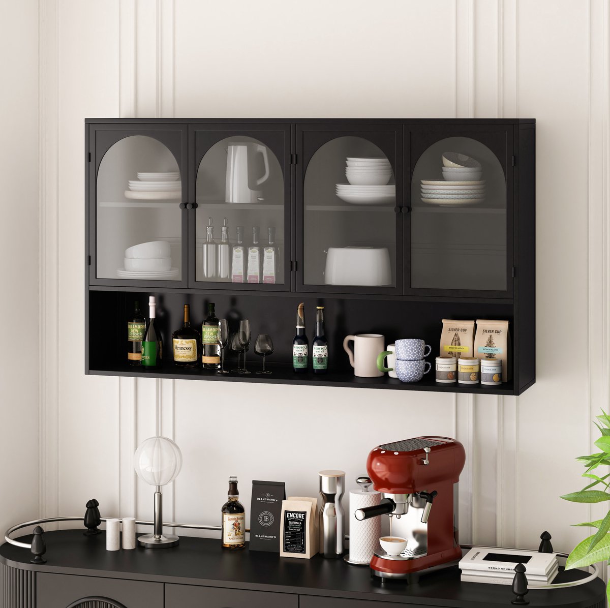 FloraGrace Wandkast - Wandhangende Glazen Kast Met 4 Deuren - Voor Keuken Woonkamer En Badkamer - Metaal En Glas - 120x23x70 Cm - Zwart