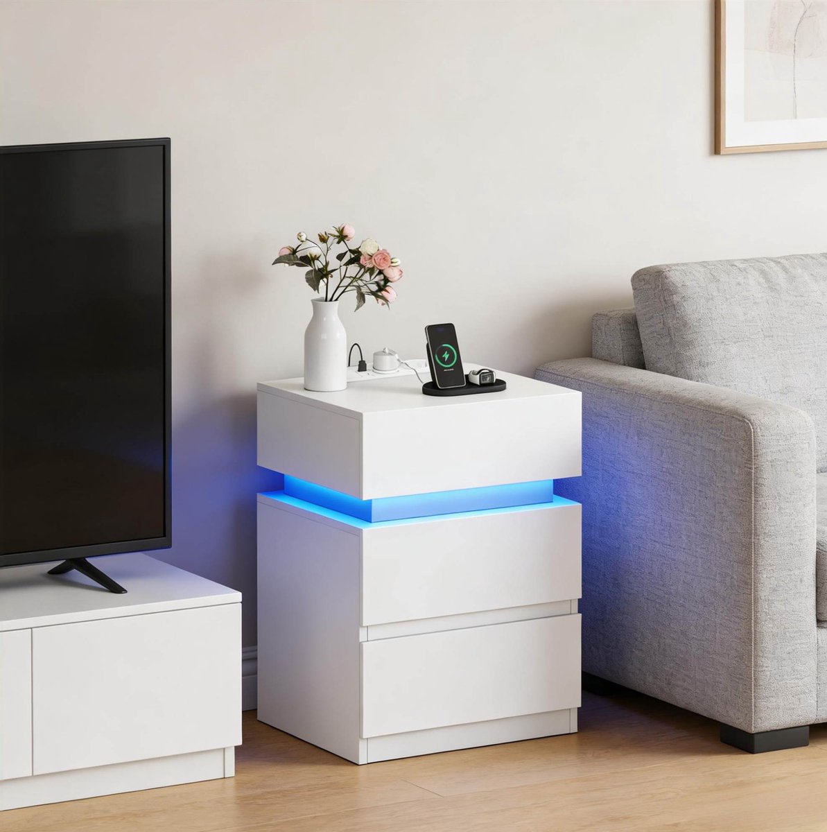 FloraGrace Bedtafel - Met Verstelbare LED-Verlichting En Oplaadstation - Voor Slaapkamer Of Woonkamer - Hout - 40x35x55 Cm - Wit