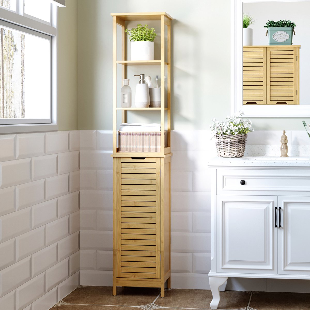 COVREO Badkamerkast 34 x 30 x 173 cm naturel, bamboe met 3 open vakken