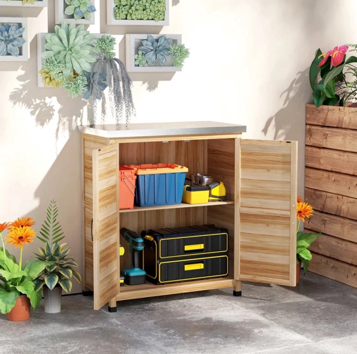 FloraGrace Gartenschrank - Opbergkast Met Intern Rek En Werkblad - Voor Tuin, Terras En Balkon - Hout En Staal - 79x43x92 Cm - Houtkleur