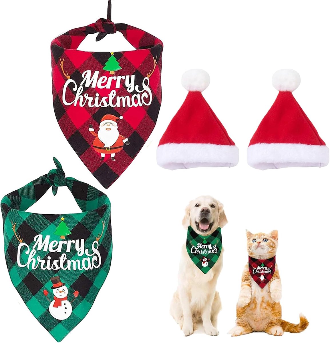 SnelShoppen - 4 stuks Kerstmis hondenhalsdoeken en kerstmutsen voor kleine, middelgrote en grote honden en katten - Verstelbare driehoekige bandana's