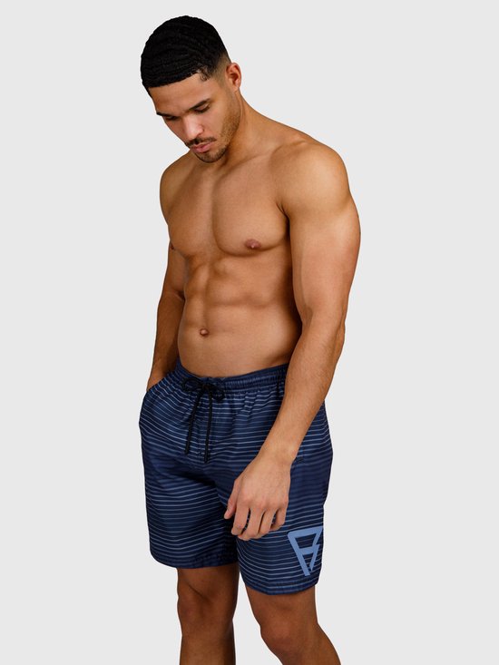 Maillot de bain bleu marine avec de subtiles rayures horizontales et un imprimé triangulaire bleu clair sur la jambe gauche.