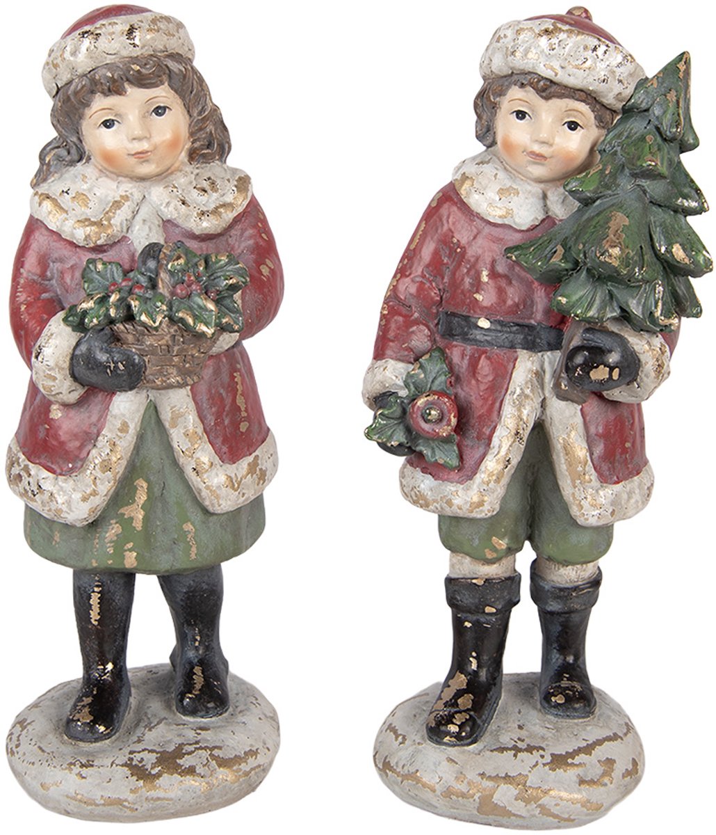 Clayre & Eef Kerstdecoratie Beeld Kinderen 9x7x22 / 8x8x22 cm Rood Kunststof