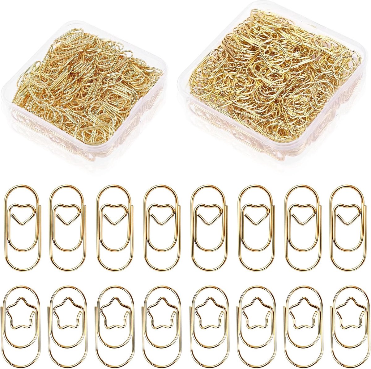 260 stuks paperclips hart & ster goud kleine paperclips met transparante doos voor papierklemmen kantoor school - ShopVlot