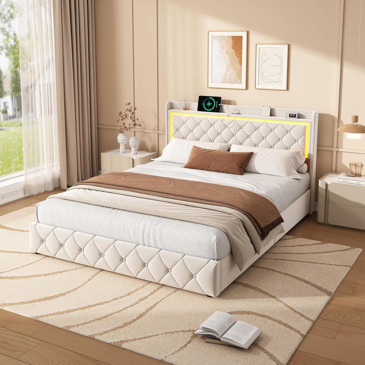 Gecapitonneerd Bed - Gestoffeerd Bed Frame - Opbergen van spullen - Met LED en USB - 140x200 cm - Beige