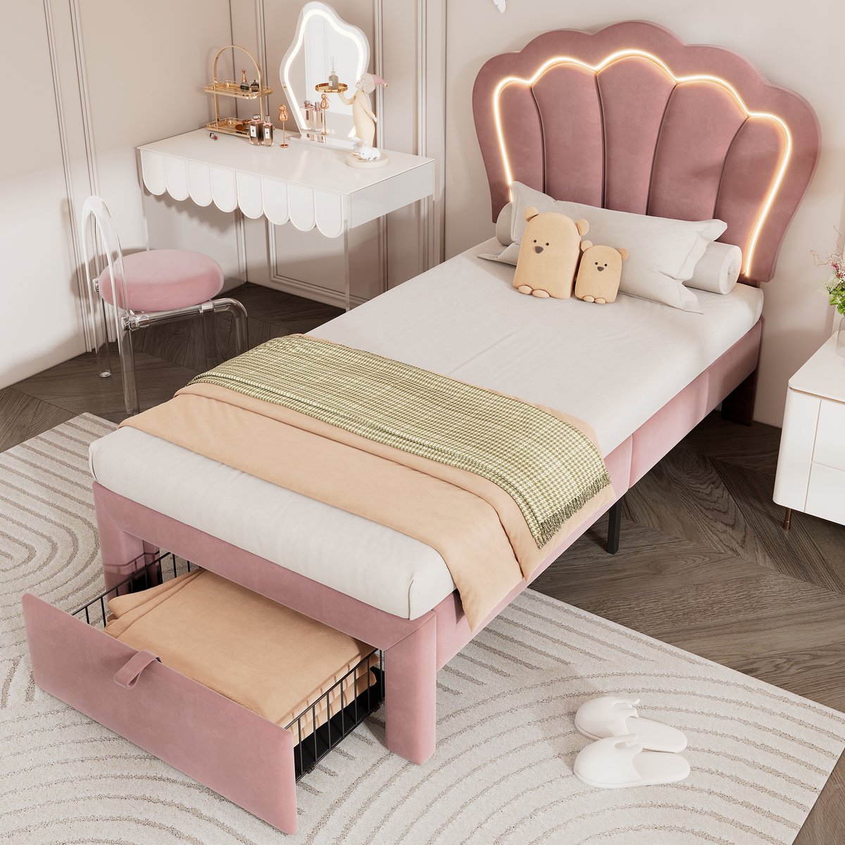 Kinderpolsterbed met LED en app-bediening - 90x200 cm eenpersoons - Roze fluweel - Verstelbaar hoofdeinde - Opberglade en lattenbodem inbegrepen - Met bloempatroon