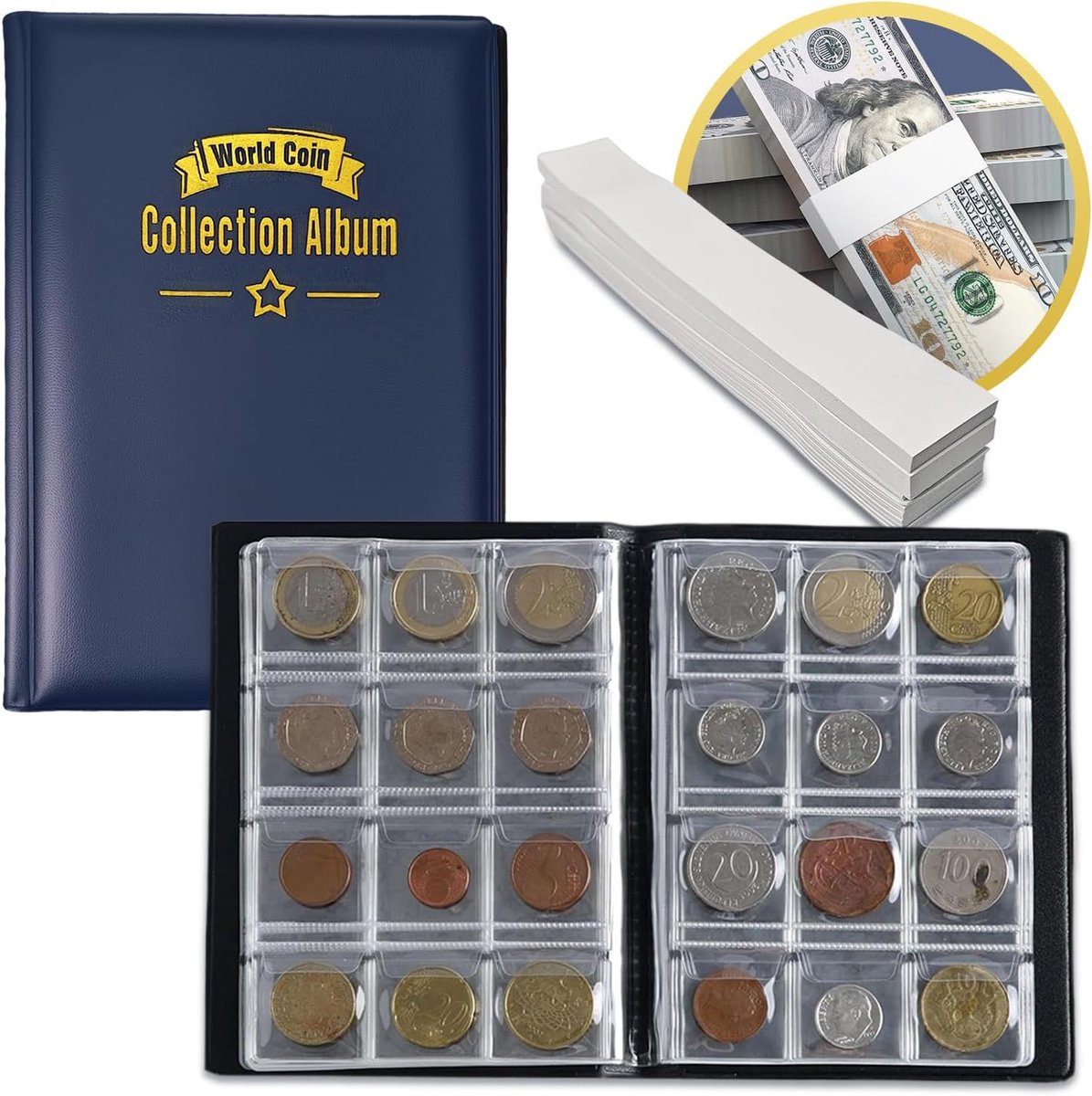 Mini Coin Album Storage 120 Bags (3 x 3.5cm per Grid) with 200 White Kraft Currency Straps Self Adhesive Money Bands - ShopVlot