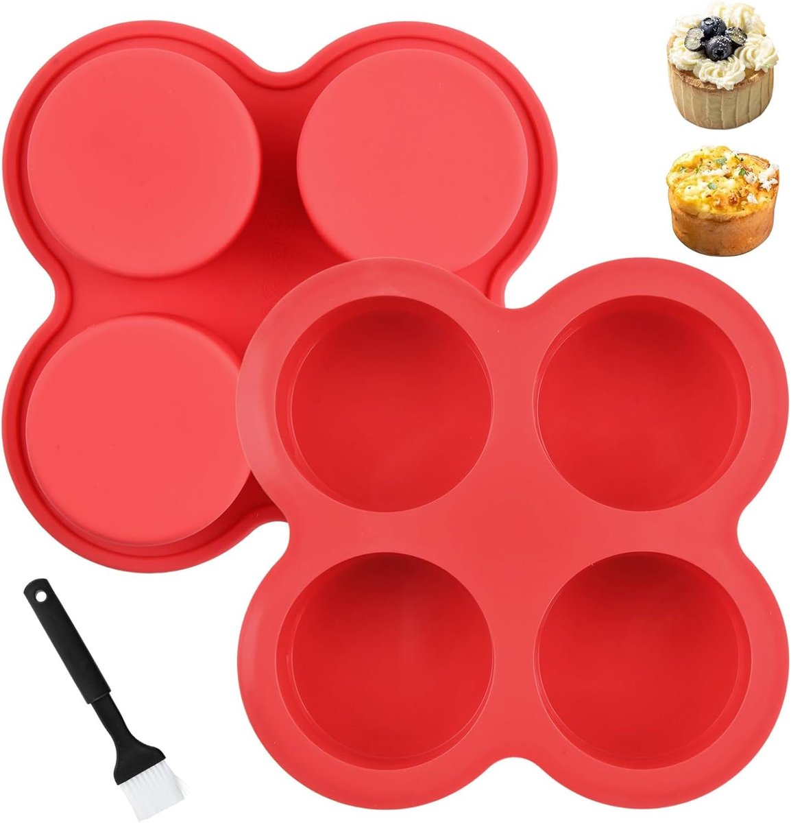 SnelShoppen - 2 Stuks Siliconen Muffinvormpjes met Bakkwast, Mini Cupcake Bakvorm Set met 4 Cavity's, BPA Vrij, Anti-aanbak Coating, Muffinvormpjes, V