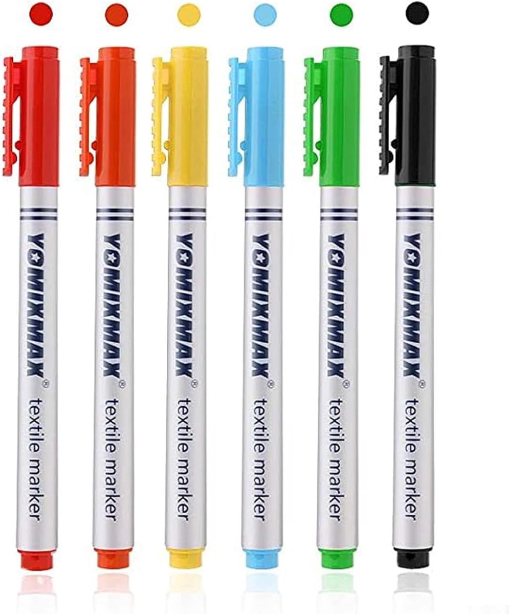 SnelShoppen - 6 Multikleurige Permanente Markers voor Textiel, Wasbare Stofmarkers, Permanent voor Personaliseren van Kleding, Tassen, Petten, Linnen