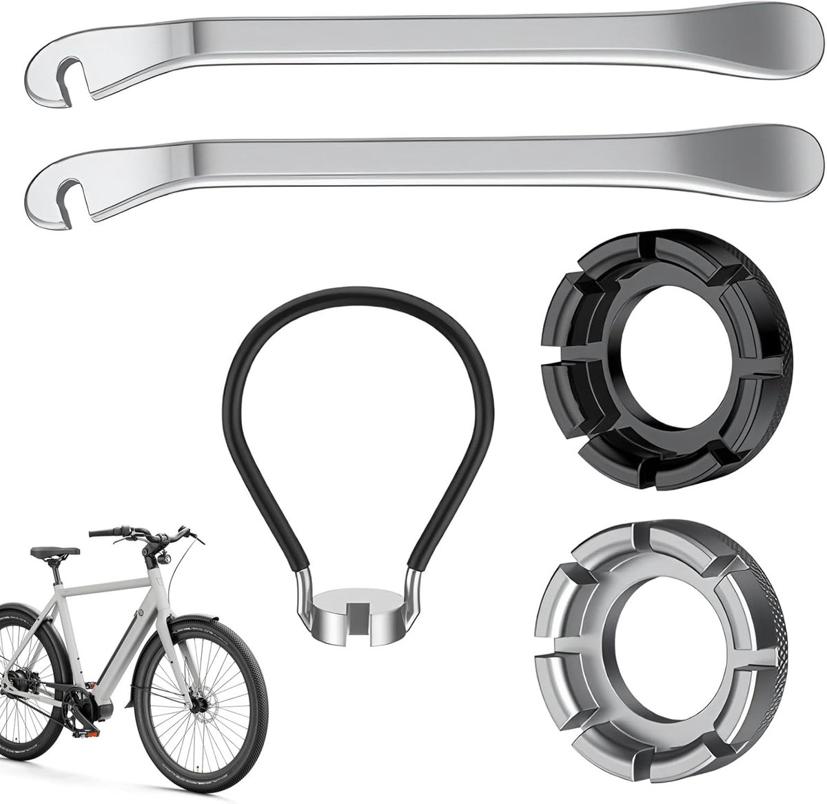 SnelShoppen - Set van 5 Universele Fietsspaak Sleutels met Bandenlichter en Wielmoersleutel - Complete Onderhoudsset voor Fietsen - Inclusief Rubber G