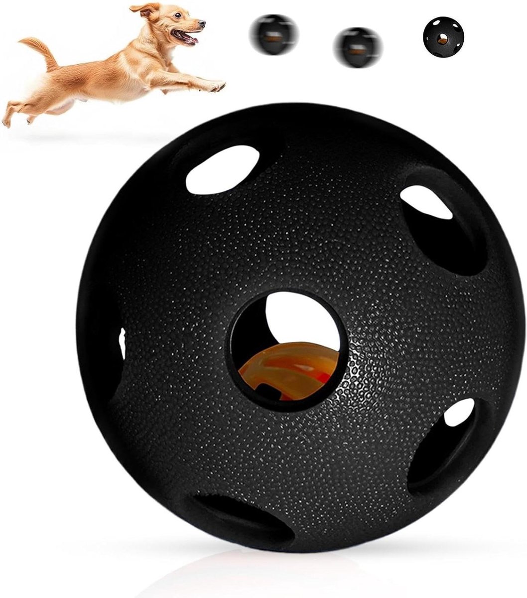 Traktatiebal Hond - Voerbal Hondenspeelgoed - Hond Trainen - Holle Constructie Met Bel - 9x9x9 cm - Zwart
