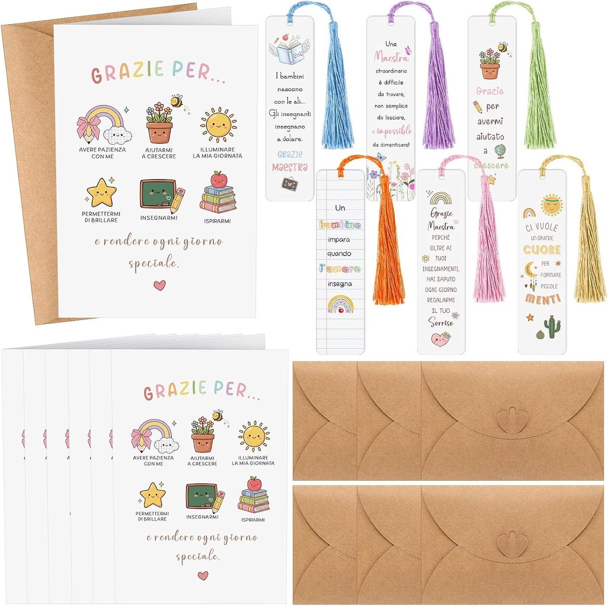 Cadeauset Voor Leerkrachten 6 Bladwijzers Met Dankbare Zinnen in Het Italiaans, 6 Bedankkaartjes en 6 Enveloppen