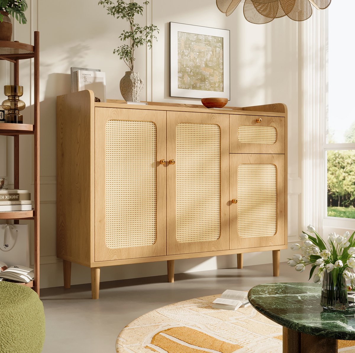FloraGrace Dressoir - Eikenlook Met Rotan Fronten, 3 Deuren En 1 Lade - Voor Woonkamer En Hal - MDF - 120x40x91 Cm - Oak