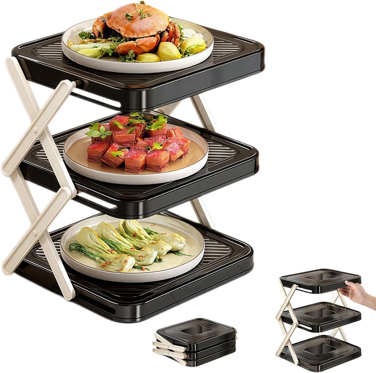 Opvouwbaar Opbergrek 3 Lagen - opbergrek - Inklapbaar Rek met Wielen - Multifunctioneel - Metaal - Ruimtebesparend voor Keuken, Badkamer en Woonkamer - 20×26×25 cm - voor keukengebruik, barbecues en feestjes