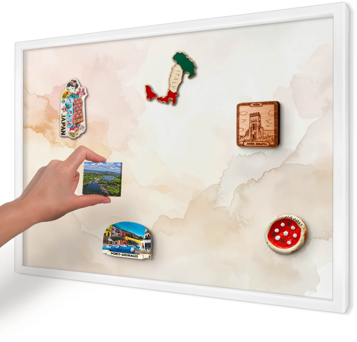 Artprintcave Beige Magneetbord mit Witte Lijst - 60x40 cm - Pastel Vrede Magnetische Organizer - Waterverf Memobord Keuken - Abstractie