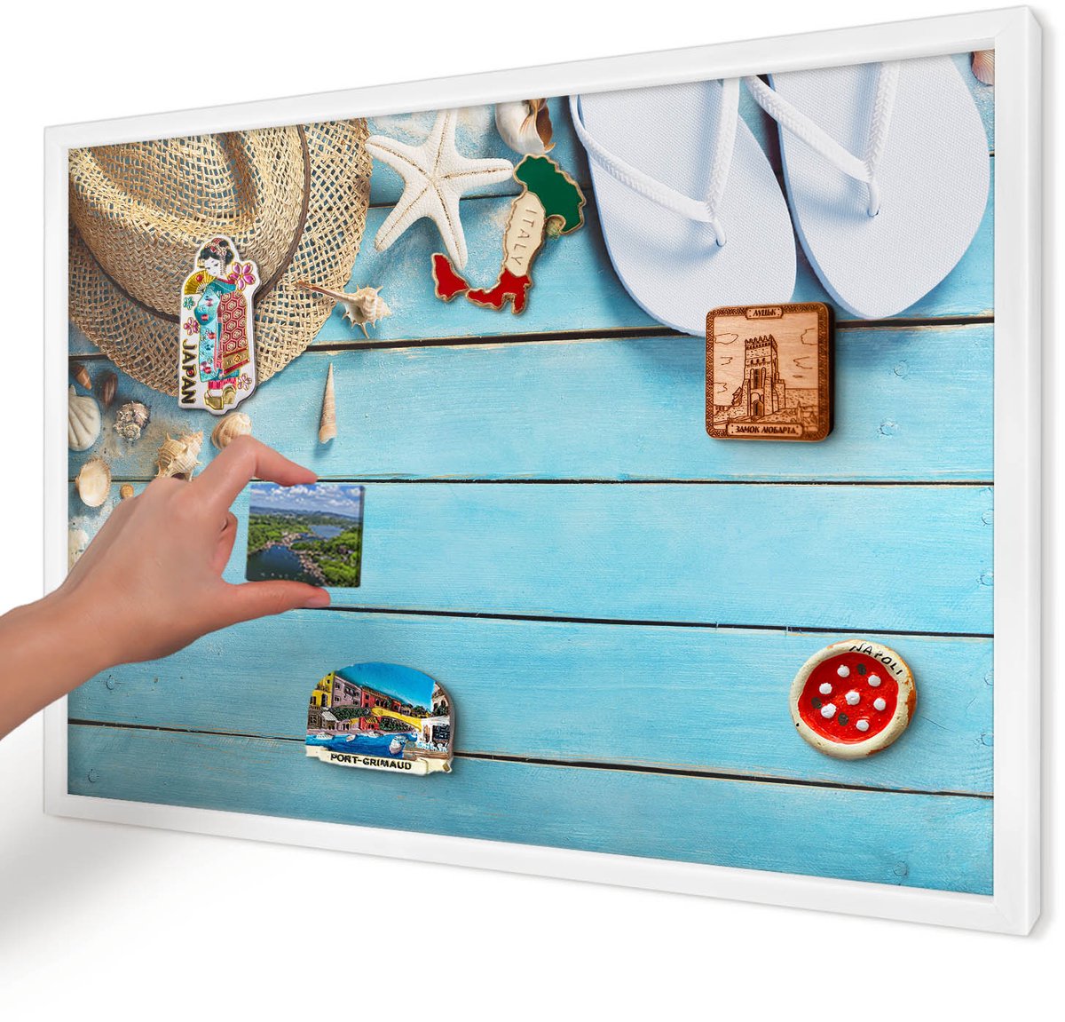 Artprintcave Blauw Magneetbord mit Witte Lijst - 60x40 cm - Vakantiesfeer Magneetbord Voor Foto's - Modern Magneetbord Voor Keuken - Natuur