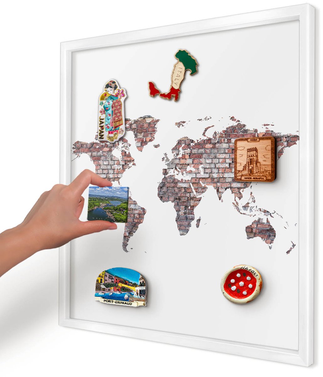 Artprintcave Wit Magneetbord mit Witte Lijst - 50x50 cm - Baksteenwereld Memobord Keuken - Industrieel/Loft Notitiebord - Kaarten