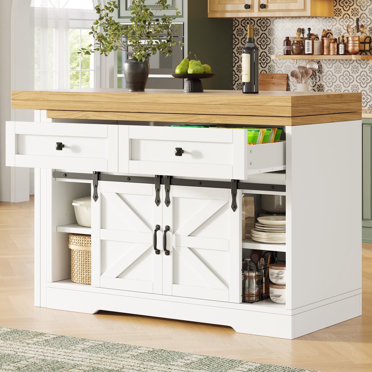 FloraGrace Buffetkast - Multifunctionele Keukeneiland Met Uitschuifbare Eettafel En Lades - Voor Keuken En Eethoek - MDF - 197x40x72 Cm - Wit