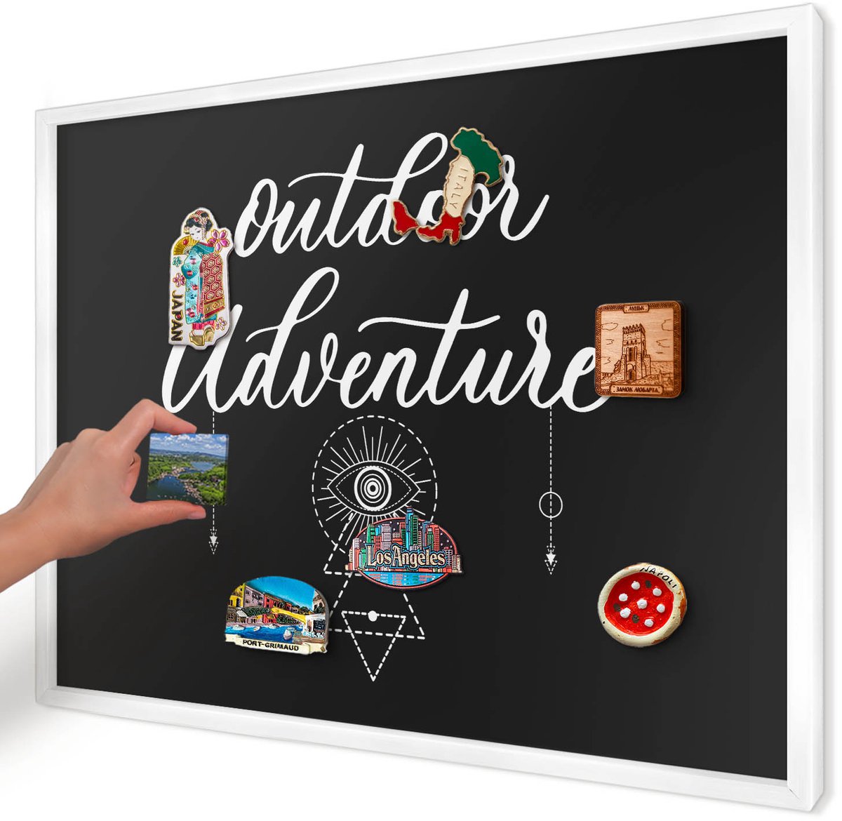 Artprintcave Zwart Magneetbord mit Witte Lijst - 70x50 cm - Buitenavontuur Magneet Bord mit Frame - Typografisch Bord Voor Magneten - Teksten
