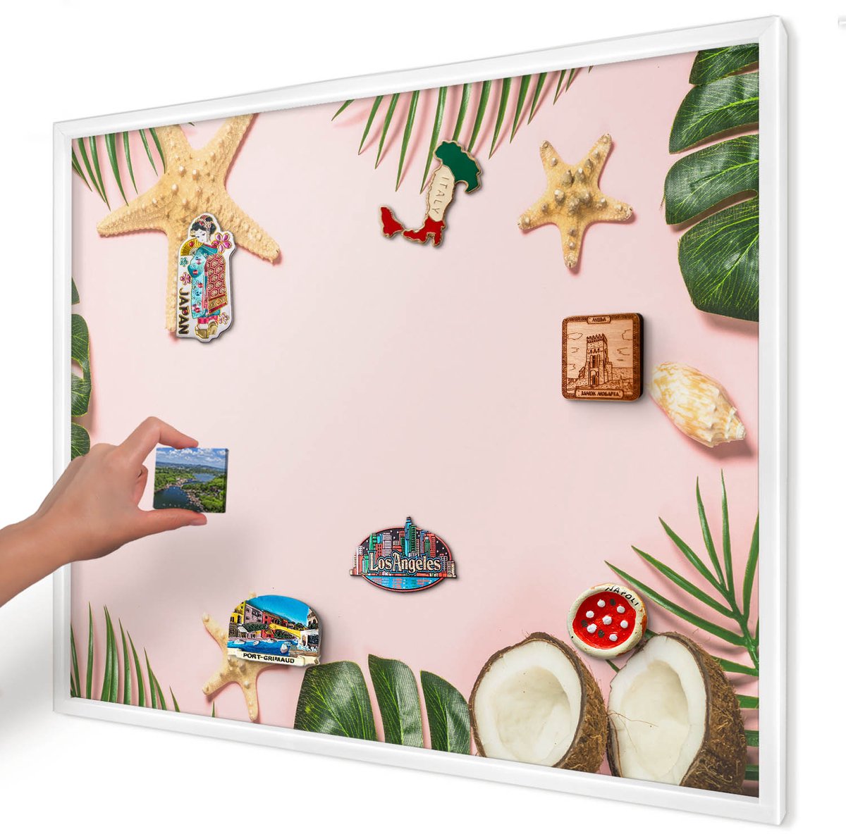 Artprintcave Roze Magneetbord mit Witte Lijst - 80x60 cm - Tropische Vakantie Magneetbord Voor Foto's - Illustratief Magnetisch Bord - Natuur