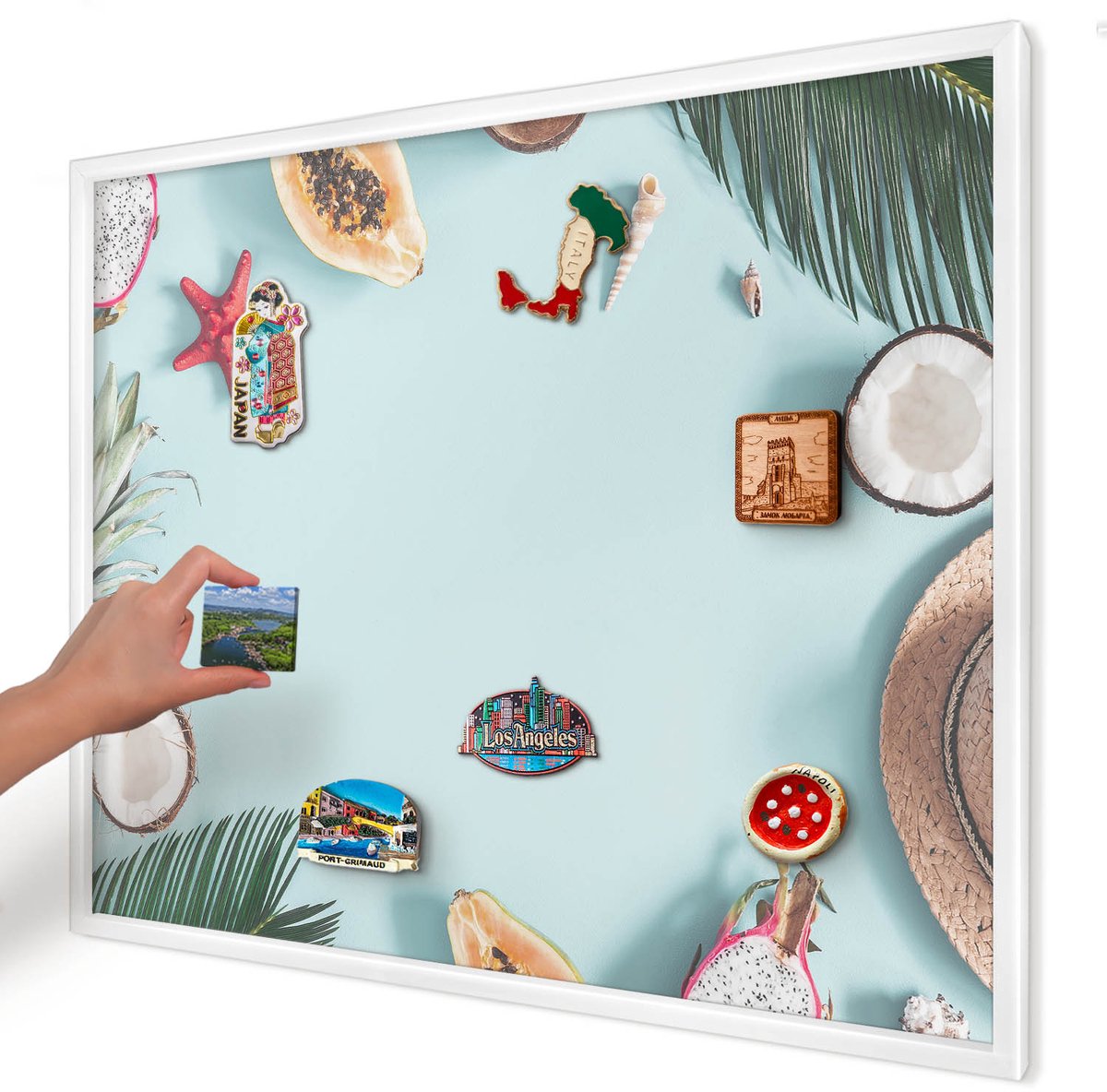 Artprintcave Blauw Magneetbord mit Witte Lijst - 80x60 cm - Tropische Vakantie Memobord Keuken - Modern Bord Voor Magneten - Natuur